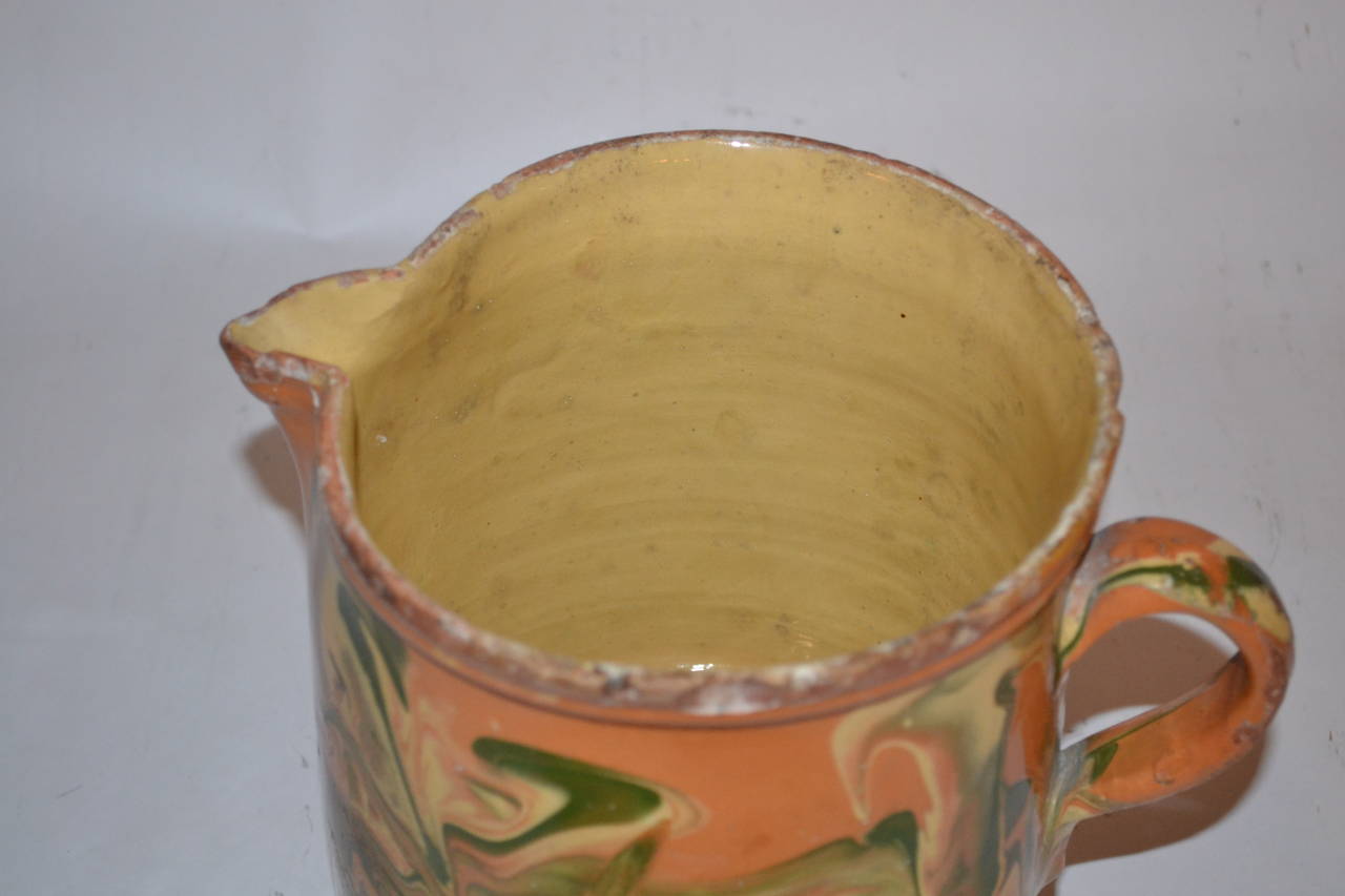 Country Stoneware Glazed Pitcher with Marbleized Painting For Sale