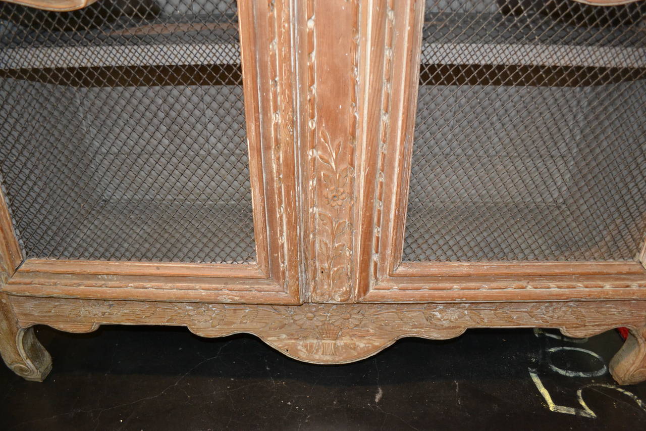 French Pickled Carved Oak Normandy Armoire with Wire Scrim Doors for Display For Sale