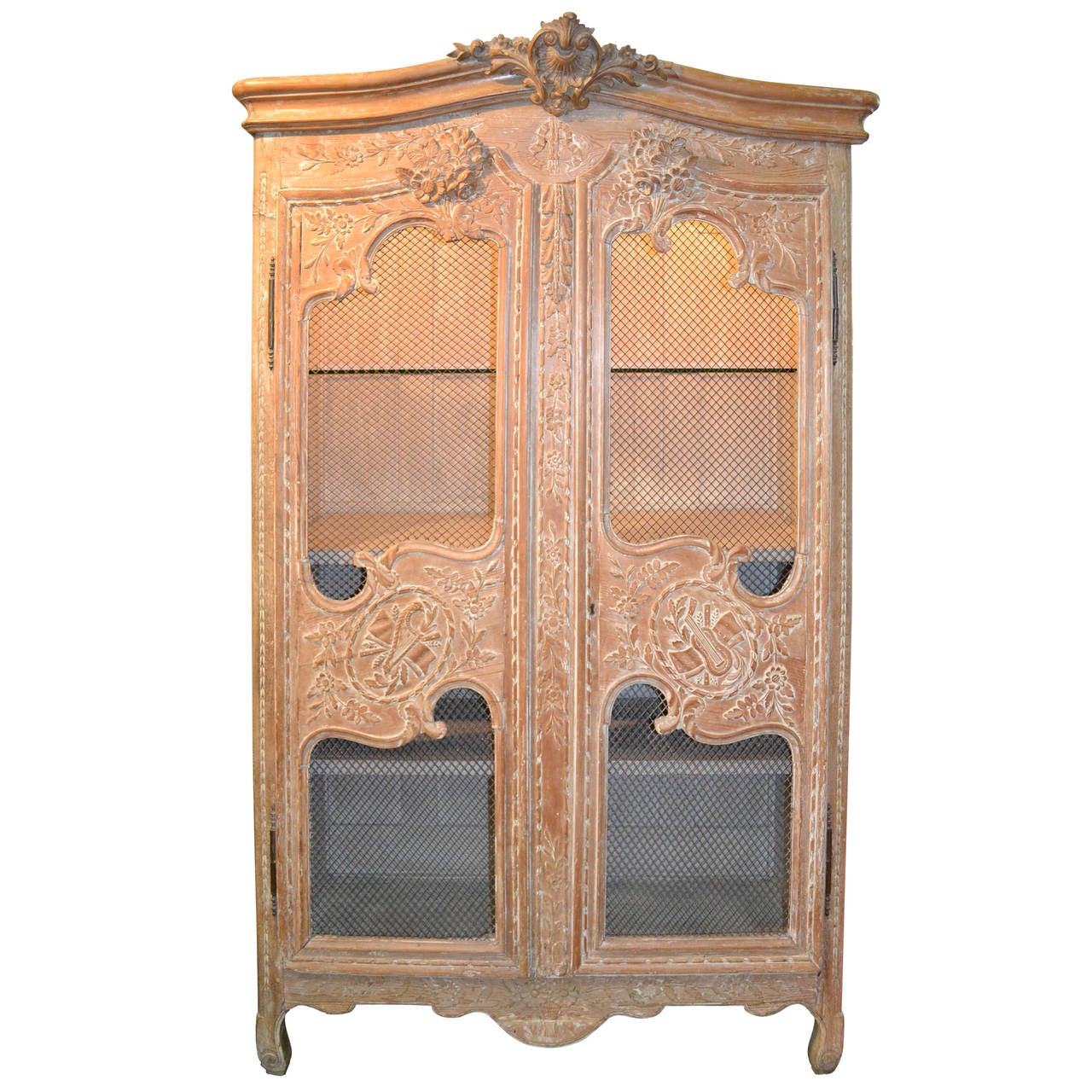 Pickled Carved Oak Normandy Armoire with Wire Scrim doors for display