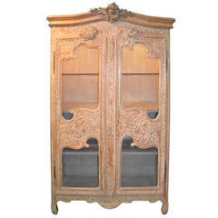 Pickled Carved Oak Normandy Armoire with Wire Scrim Doors for Display