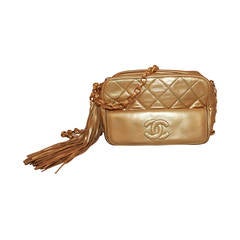 Chanel Retro Gold Quilted Lambskin Camera Case with Tassle - circa 1991