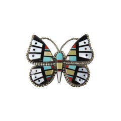 Stunning Zuni inlaid Brooch Pin Pendant Coral Turquoise Onyx 1960s 4