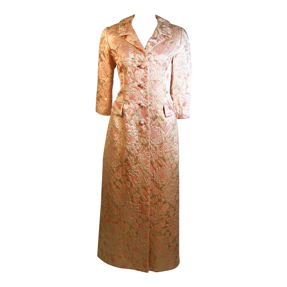 I Magnin Pink and Gold Jacquard Full Length Coat For Sale