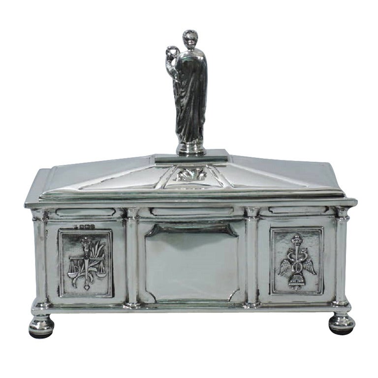 Architectural Coffer Box with Classical Figure - English Sterling Silver 1930
