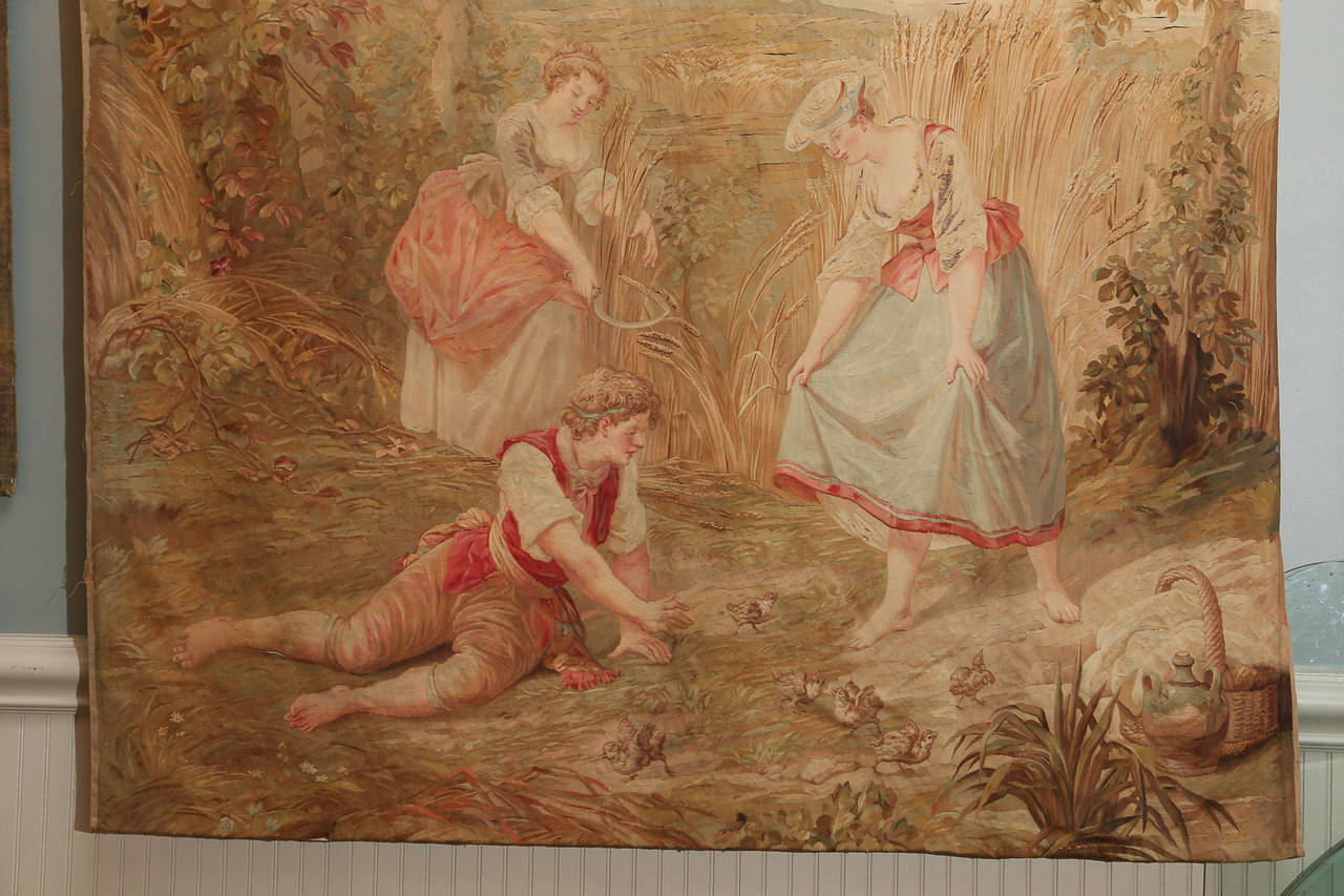 19th Century French Pastoral Scene Aubusson Tapestry In Fair Condition In Houston, TX