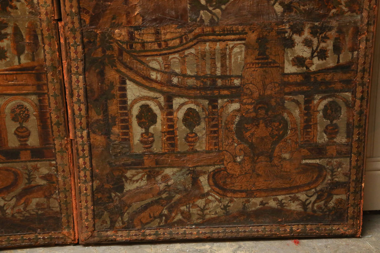 Italian 18th Century Large Embossed Venetian Leather Screen For Sale