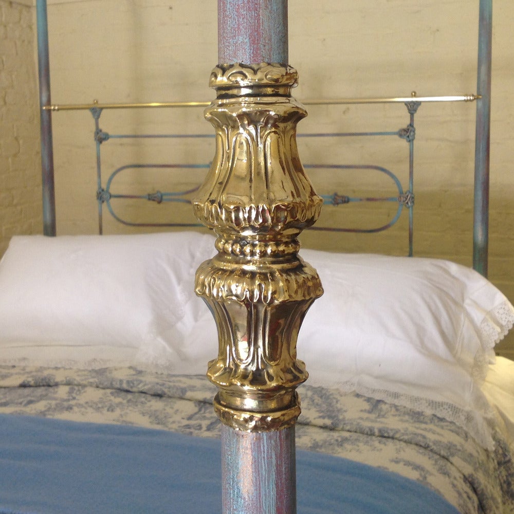 Cast Tapered Post Iron Four Poster in Blue and Brass Bed