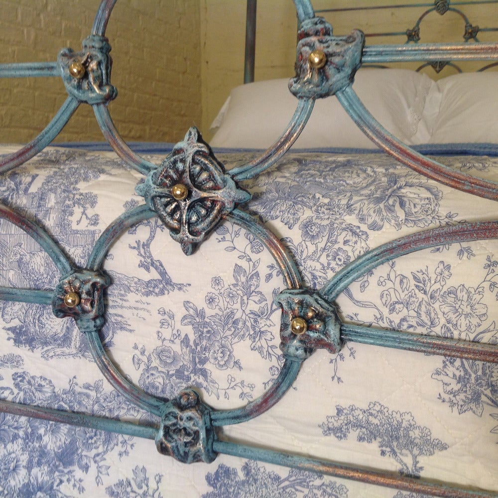 19th Century Tapered Post Iron Four Poster in Blue and Brass Bed