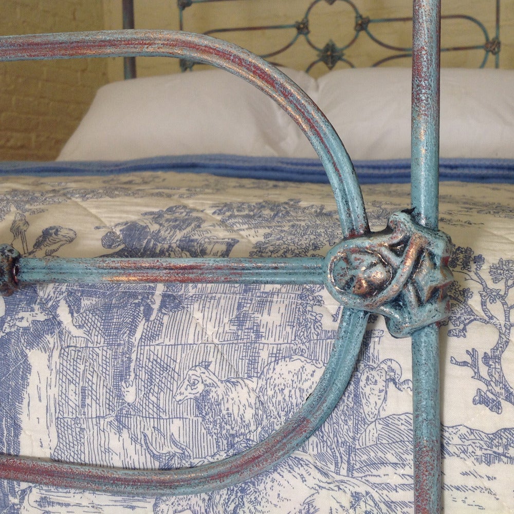 Tapered Post Iron Four Poster in Blue and Brass Bed 1
