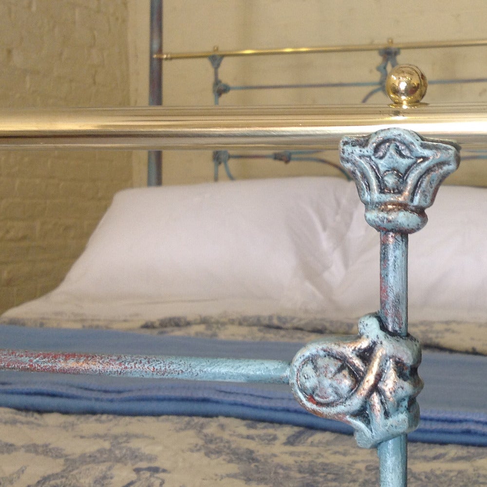 Tapered Post Iron Four Poster in Blue and Brass Bed 2