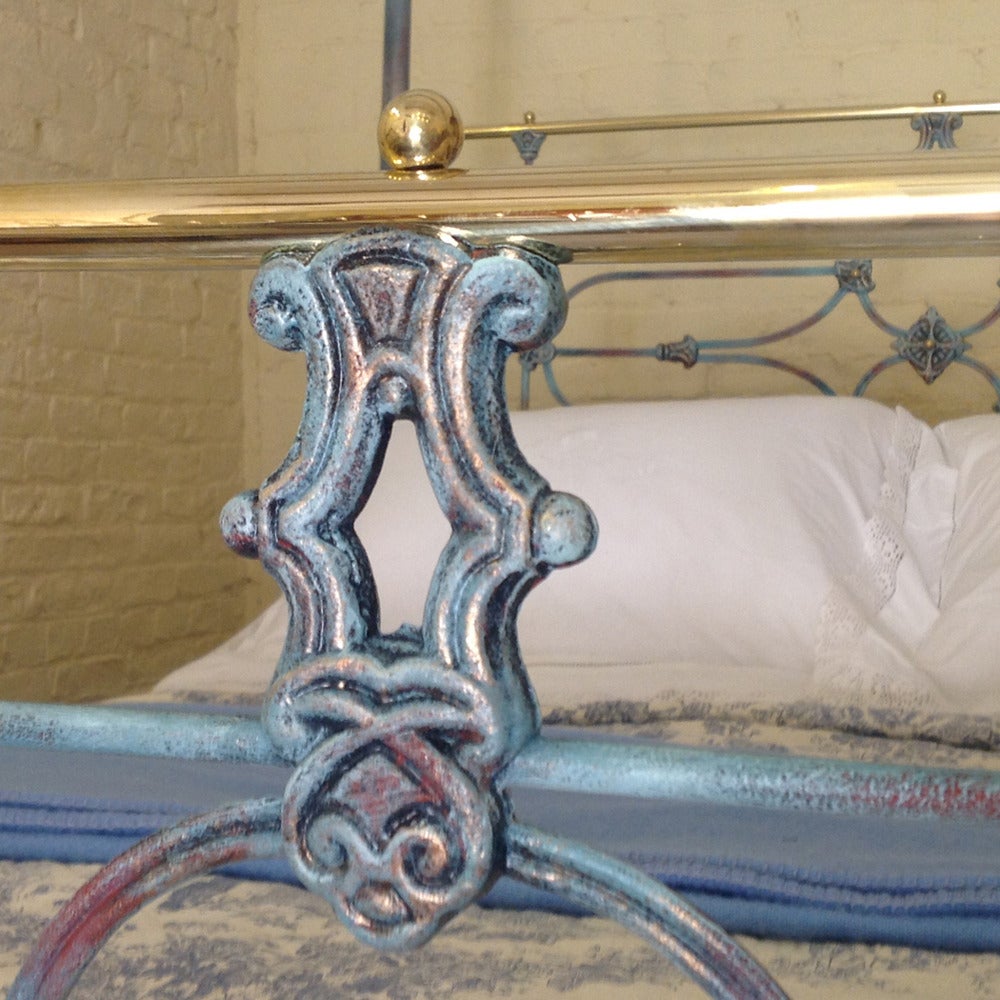Tapered Post Iron Four Poster in Blue and Brass Bed 3