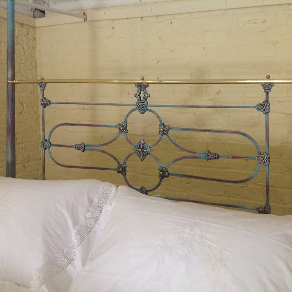 Tapered Post Iron Four Poster in Blue and Brass Bed 4