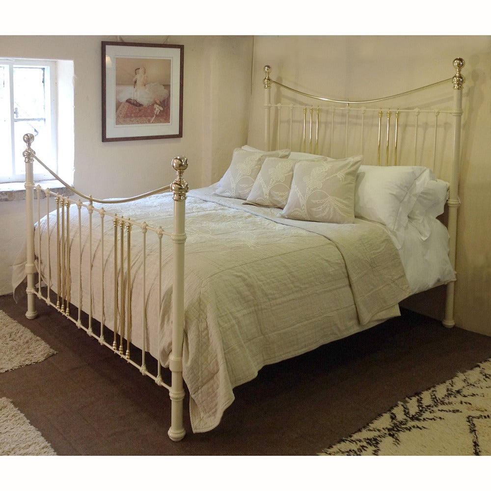 American Queen Size Cream Brass and Iron Bedstead at 1stdibs
