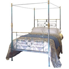 Antique Tapered Post Iron Four Poster in Blue and Brass Bed