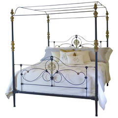 Antique Rare Cast Iron and Brass Four-Poster Bed