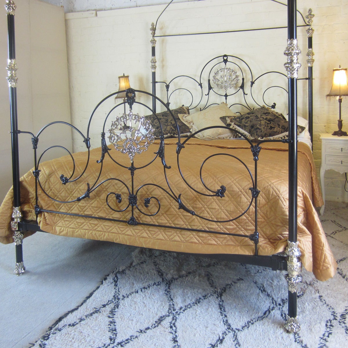 A magnificent four poster bedstead copied from a very unusual and rare piece, which was originally ordered by a top British rock star. This reproduction was later commissioned by Bergdorf Goodman of New York for display in their store on Fifth