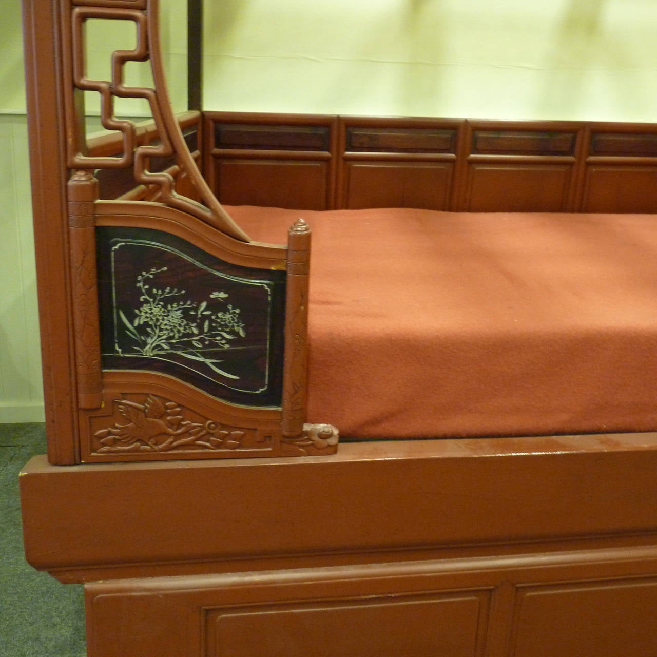 Late 20th century Chinese marriage bed made from an eastern hardwood and painted.

The price is for the bedstead frame alone. The base, mattress and bedding shown in the photograph are extra and can be provided by Seventh Heaven.

Height to