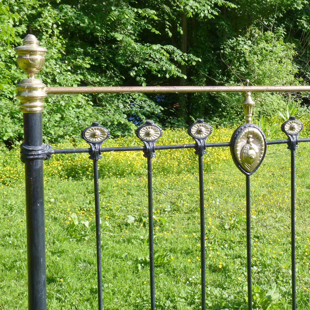 English Ornate Brass and Iron Bed with Peacock Decoration