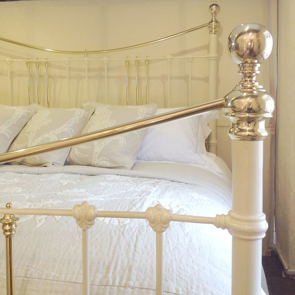 Victorian Wide Brass and Iron Bed Finished in Cream