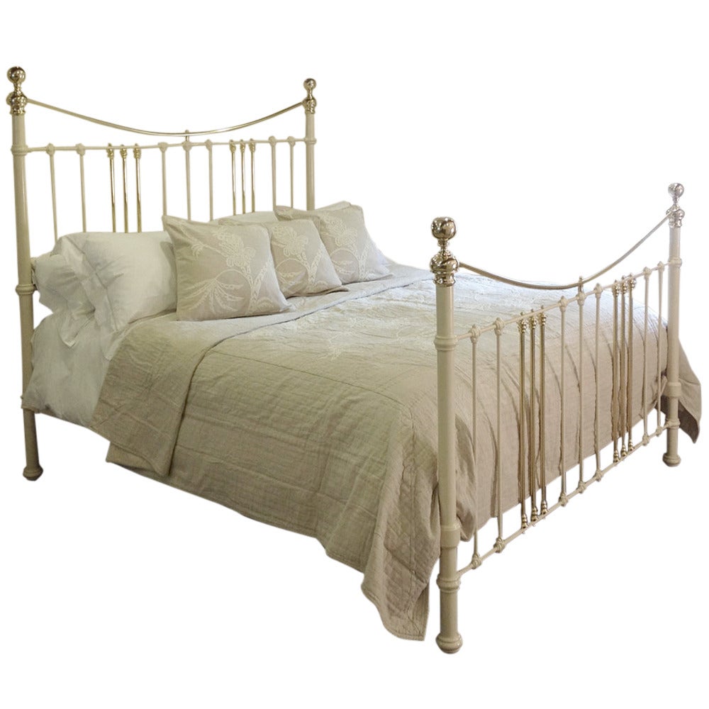Wide Brass and Iron Bed Finished in Cream