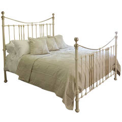 Antique Wide Brass and Iron Bed Finished in Cream