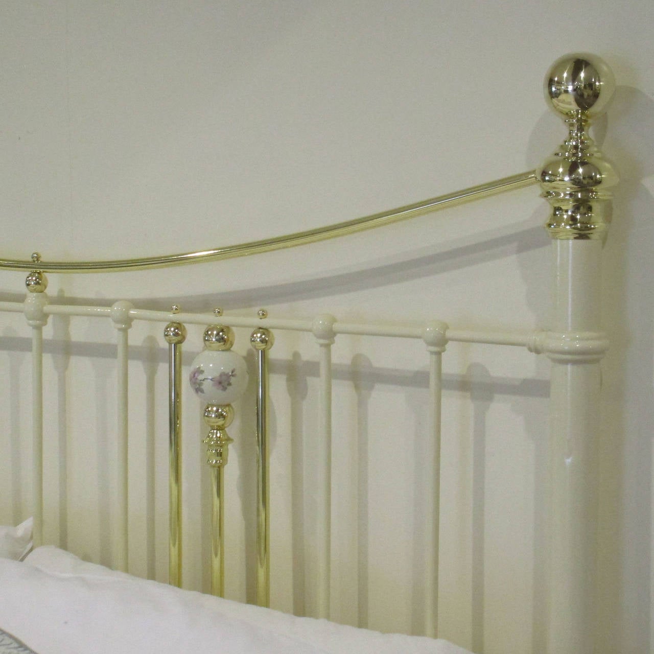 Victorian Cream Brass and Iron Bed with China Porcelain Decoration - MK54
