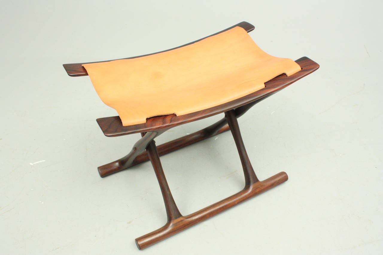 Mid-20th Century Egyptian Stool by Ole Wanscher with Tan Leather - Danish, Mid-Century Modern  For Sale