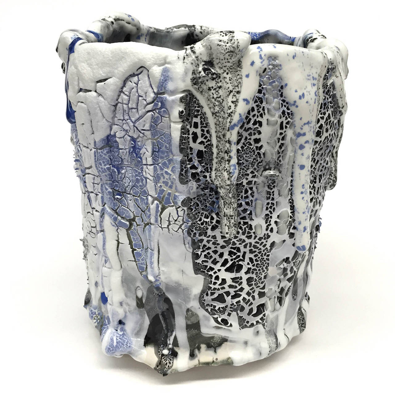 Contemporary ceramic vessel by LA based mixed-media sculptor Brian Rochefort for Kelly Behun Studio. Highly textured and worked surface resulting from multiple firings. Multicolored glazes including cobalt, black and white. Watertight, may be used
