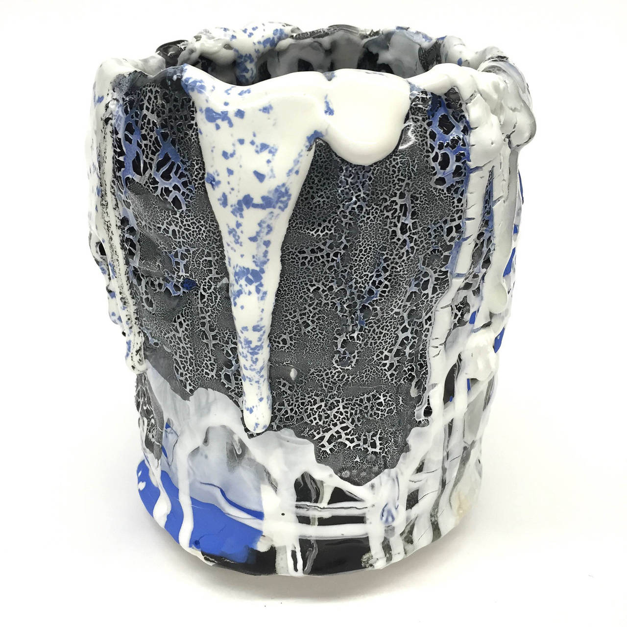 Contemporary ceramic vessel by LA based mixed-media sculptor Brian Rochefort for Kelly Behun Studio. Highly textured and worked surface resulting from multiple firings. Multicolored glazes including cobalt, black and white. Watertight, may be used