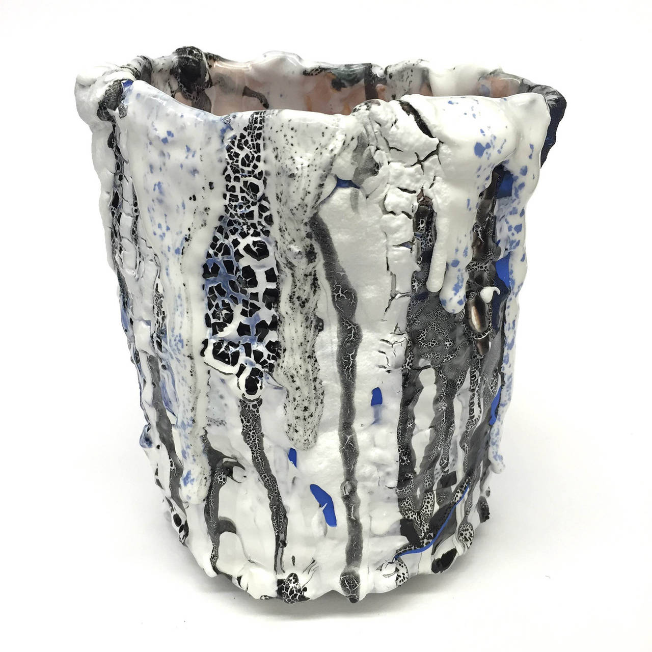 Contemporary ceramic vessel by LA based mixed-media sculptor Brian Rochefort for Kelly Behun Studio. Highly textured and worked surface resulting from multiple firings. Multicolored glazes including white, black, cobalt and light pink on the