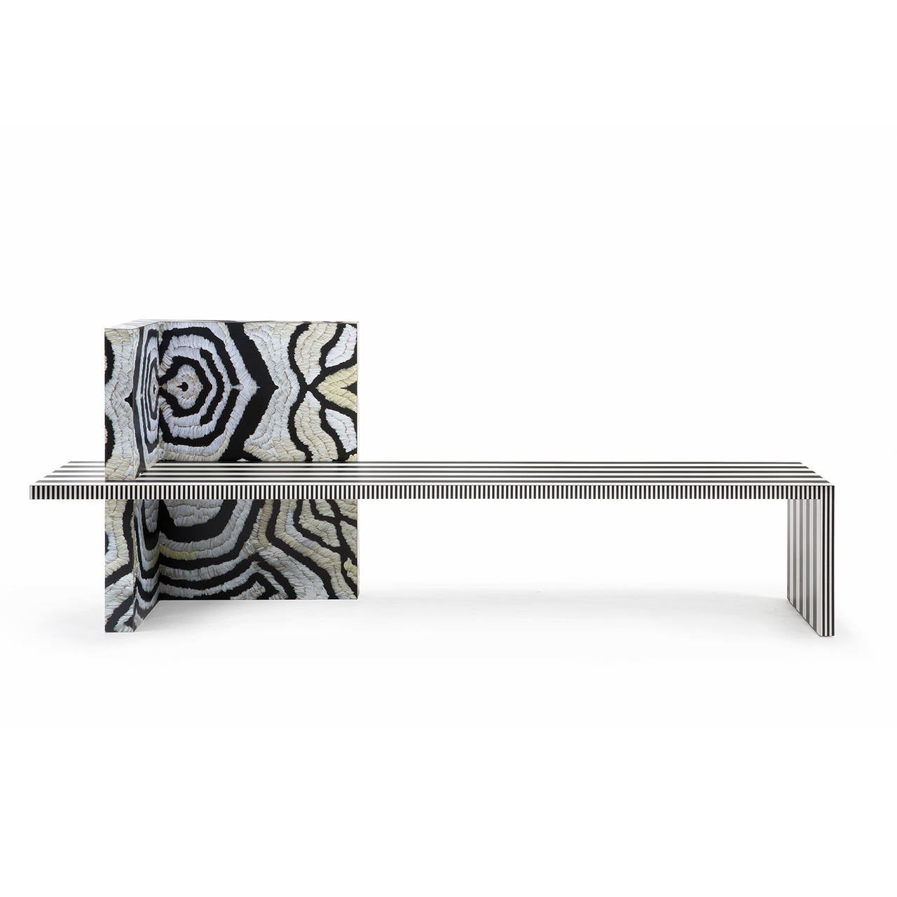 Unique sculptural bench inspired by the Memphis Group design movement with original laminate prints by Kelly Behun Studio.