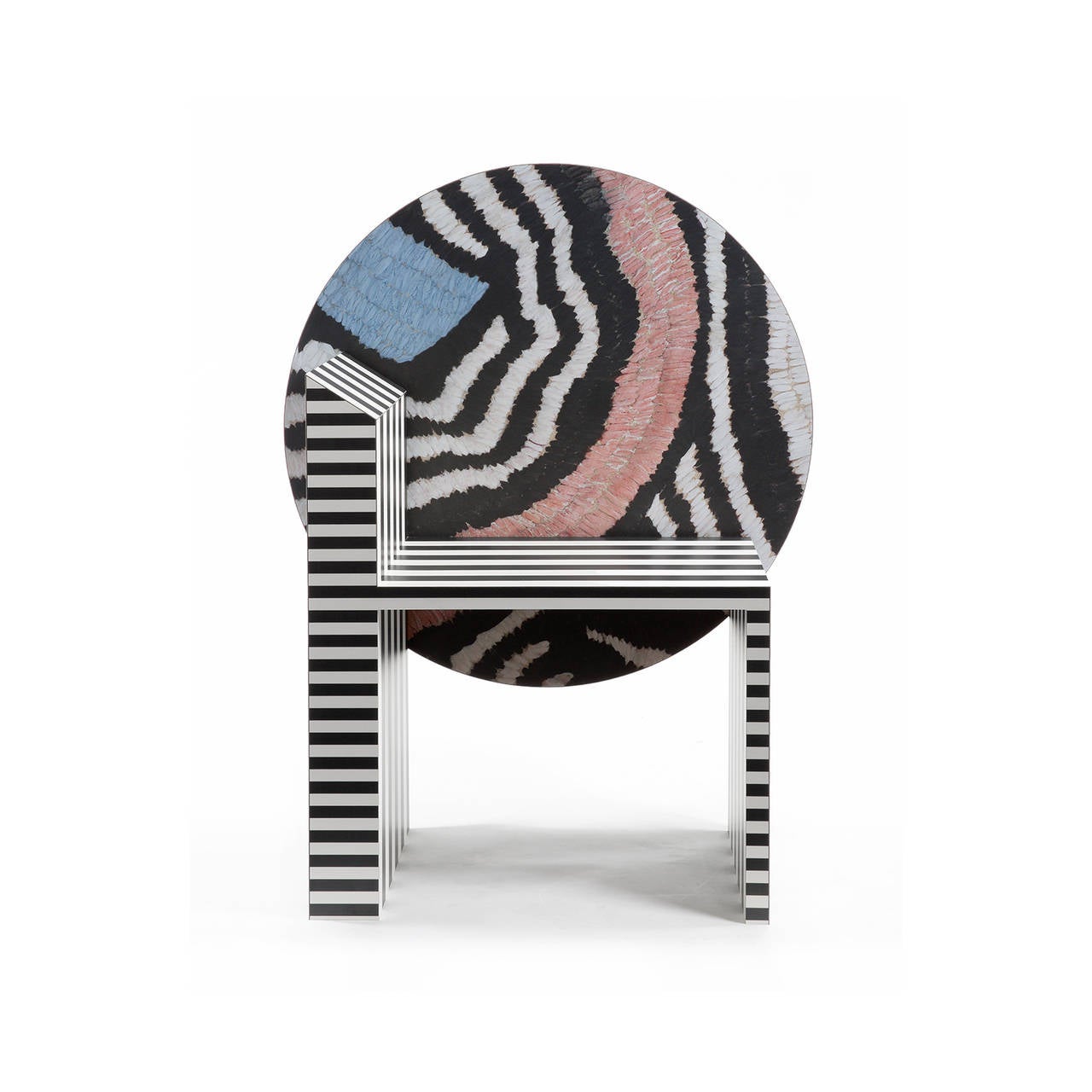 Unique sculptural chair inspired by the Memphis Group design movement with original laminate prints by Kelly Behun Studio.
