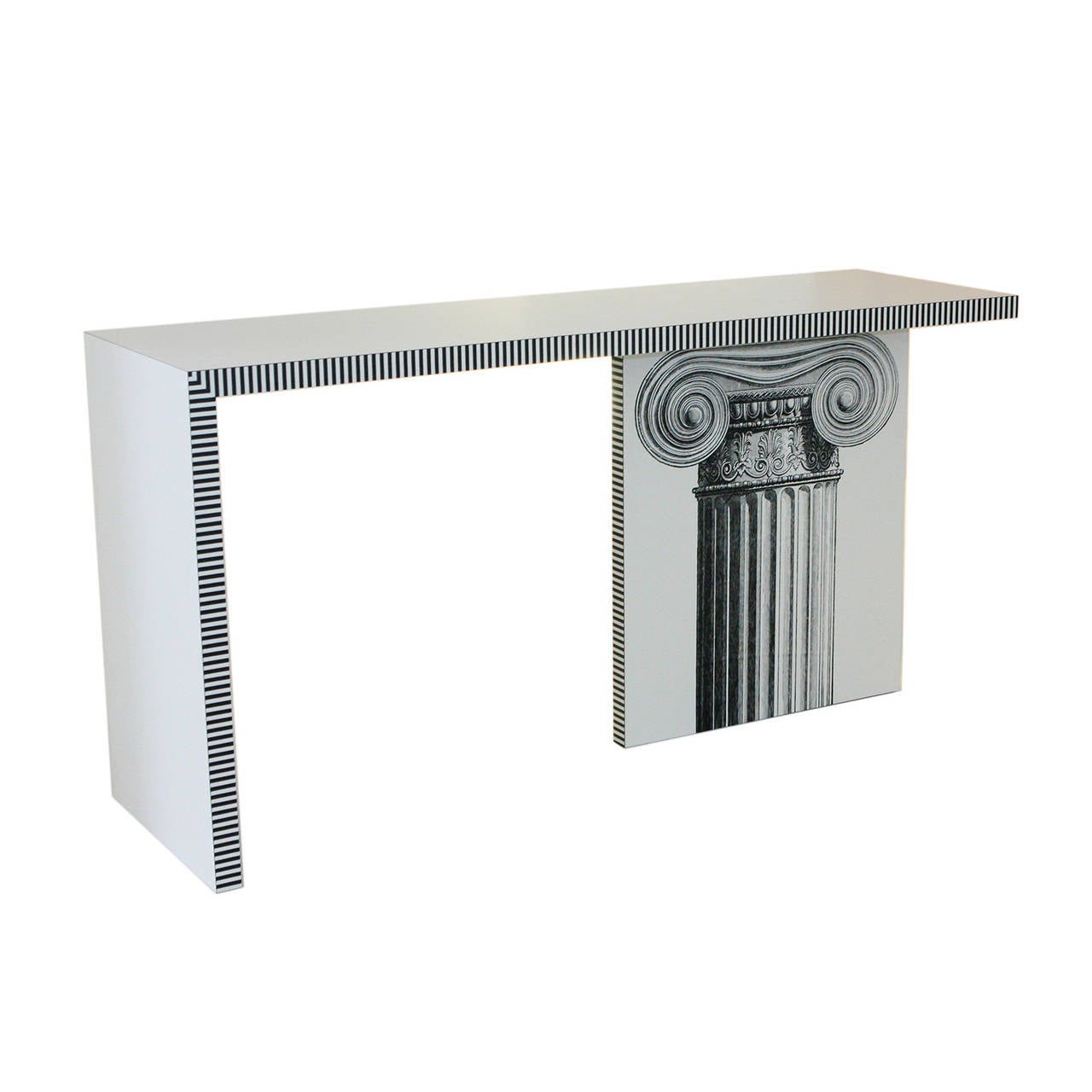 Unique contemporary console table with custom printed ionic column on leg. May also be used as a desk.