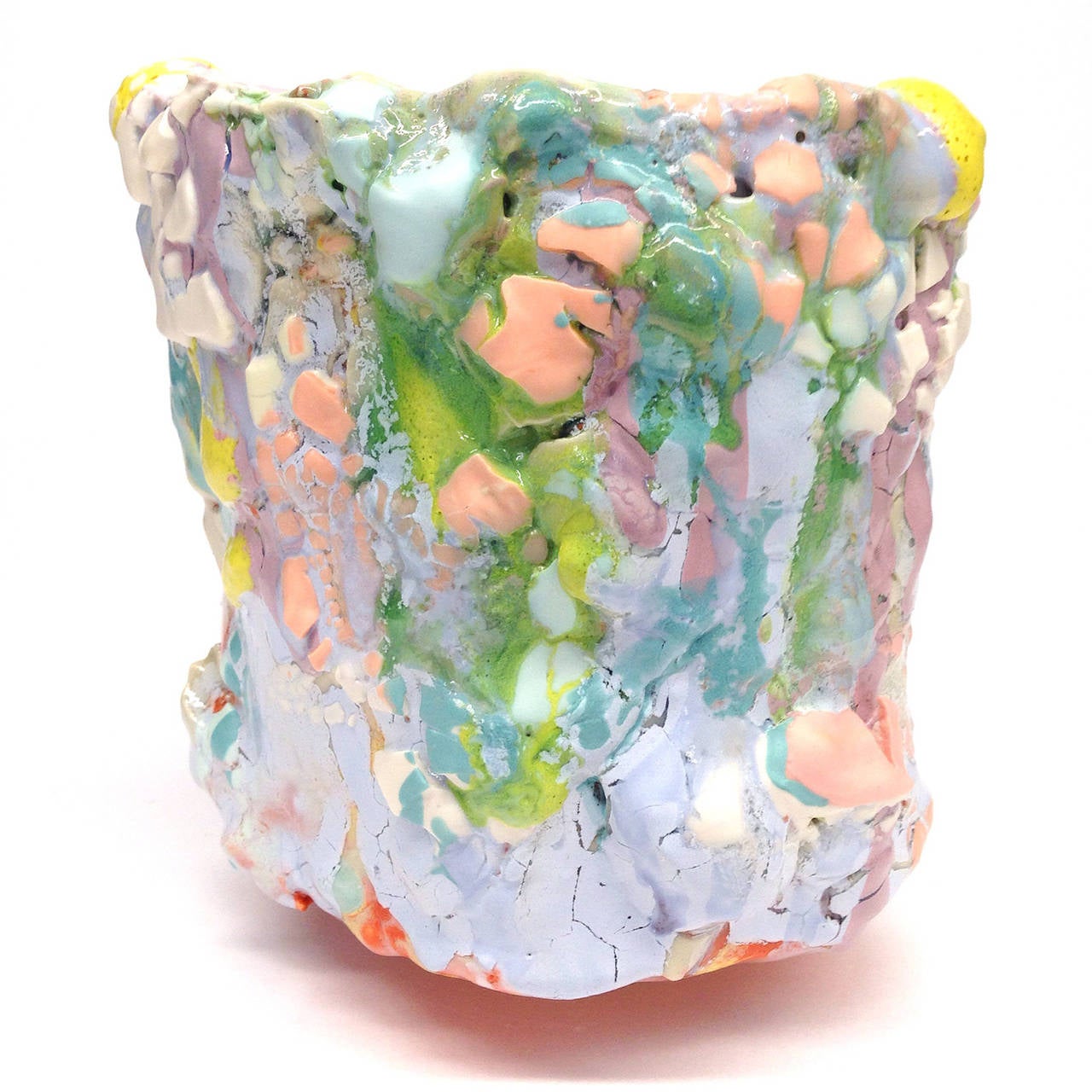 Contemporary ceramic vessel by LA based mixed-media sculptor Brian Rochefort for Kelly Behun Studio. Highly textured and worked surface resulting from multiple firings. Multi colored glazes. Watertight, may be used as a vase.