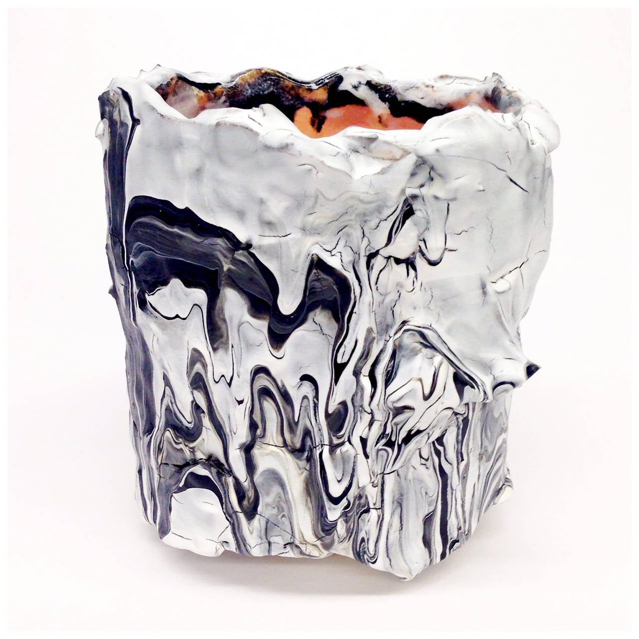 Contemporary ceramic vessel by LA based mixed-media sculptor Brian Rochefort for Kelly Behun Studio. Highly textured and worked surface resulting from multiple firings. Black and white glaze on exterior, salmon color glaze interior. Watertight, may
