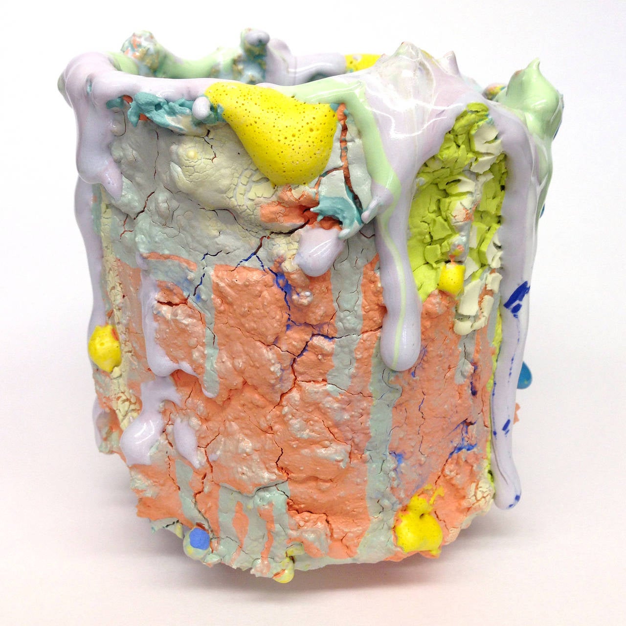 Contemporary ceramic vessel by LA based mixed media sculptor Brian Rochefort for Kelly Behun Studio. Highly textured and worked surface resulting from multiple firings. Multicolored glazes. Watertight, may be used as a vase.