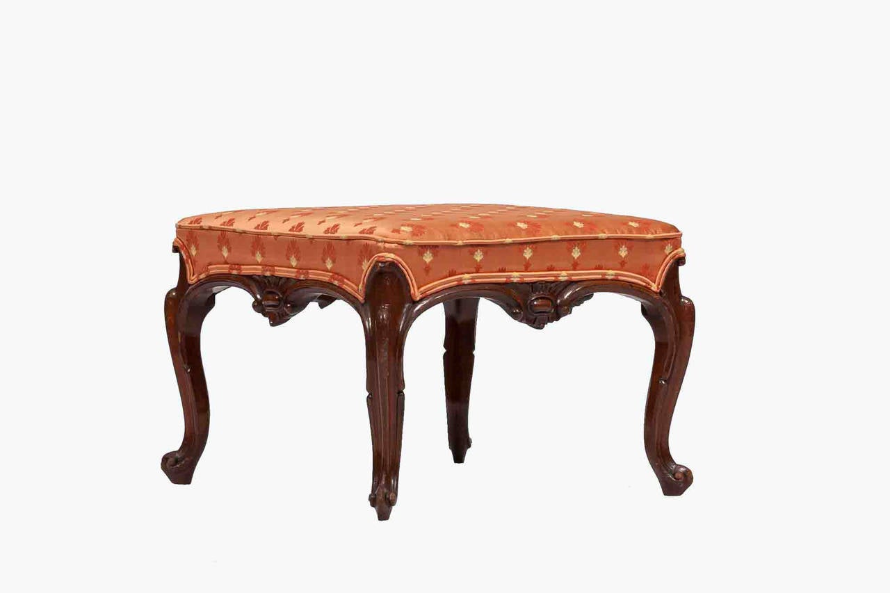 19th Century Regency mahogany stool on carved frame with cabriole legs.