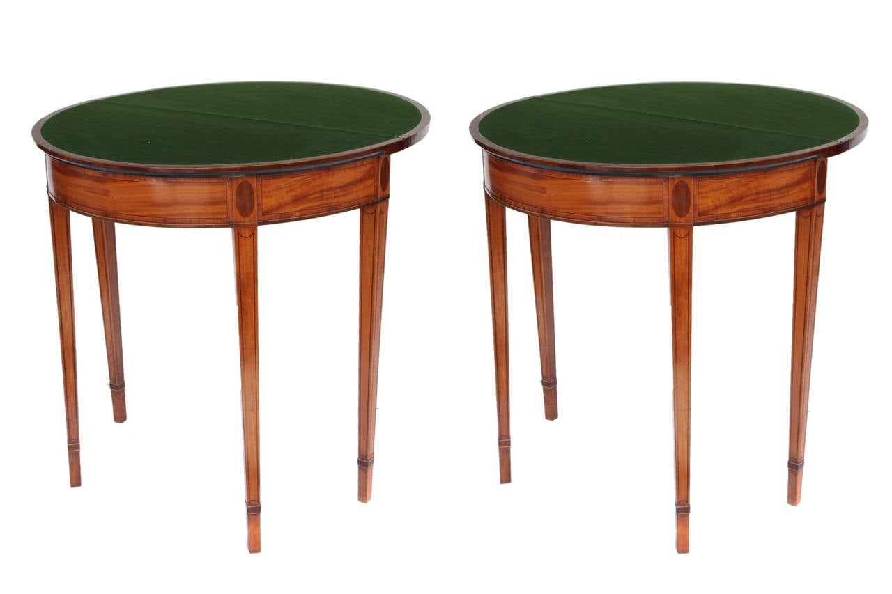 Irish Early 19th Century George III Pair of Satinwood Fold-Over Demilune Card Tables