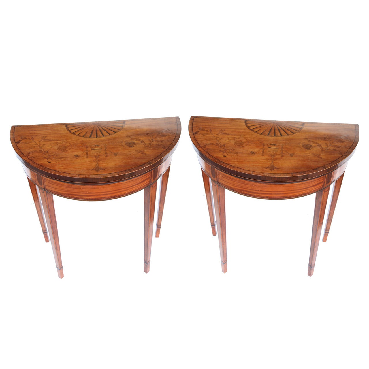 Early 19th Century George III Pair of Satinwood Fold-Over Demilune Card Tables