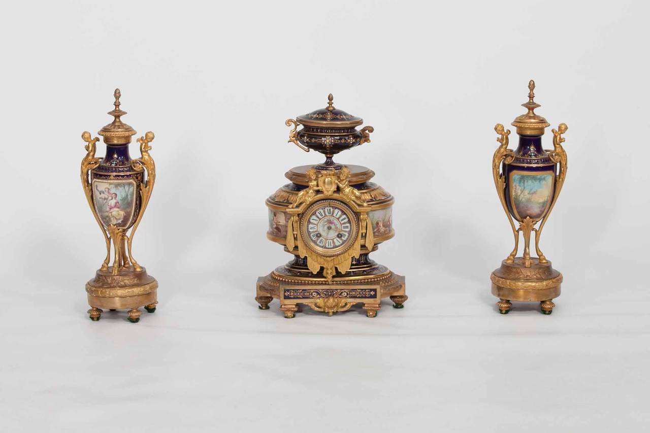 19th Century Gilt Bronze and ‘Sevres’ Porcelain Clock Garniture
