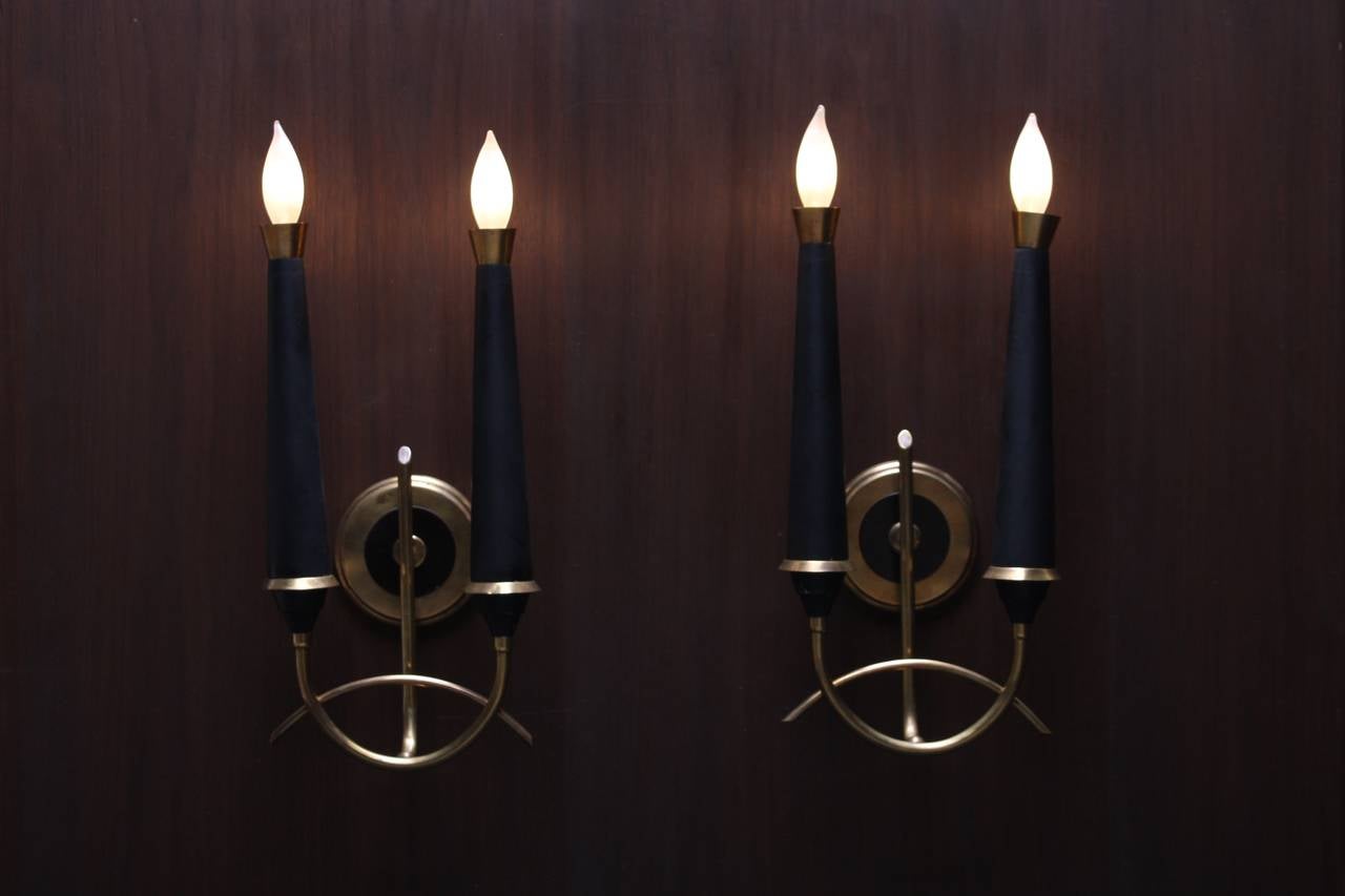 Italian Brass and Carved Wood Sconces in the Manner of Stilnovo