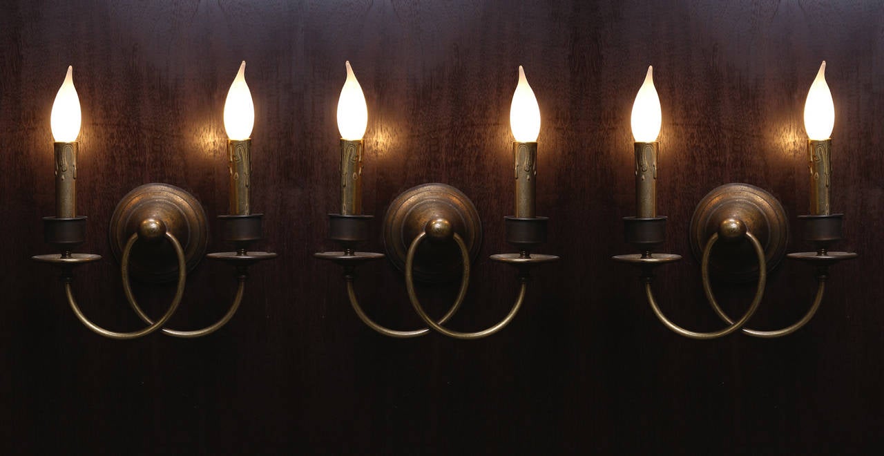 American Antiqued Brass Double-Arm Sconces For Sale