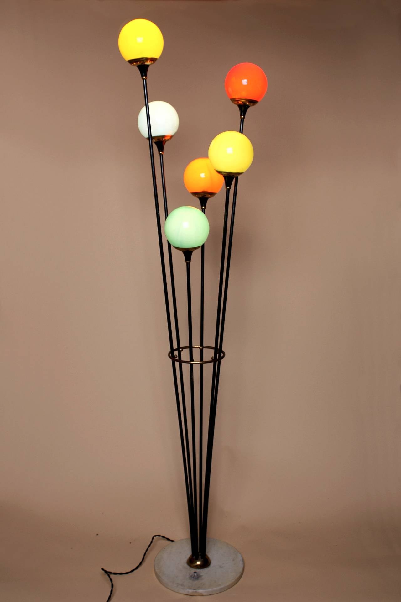 Brass Stilnovo Floor Lamp with Six Colorful Globes