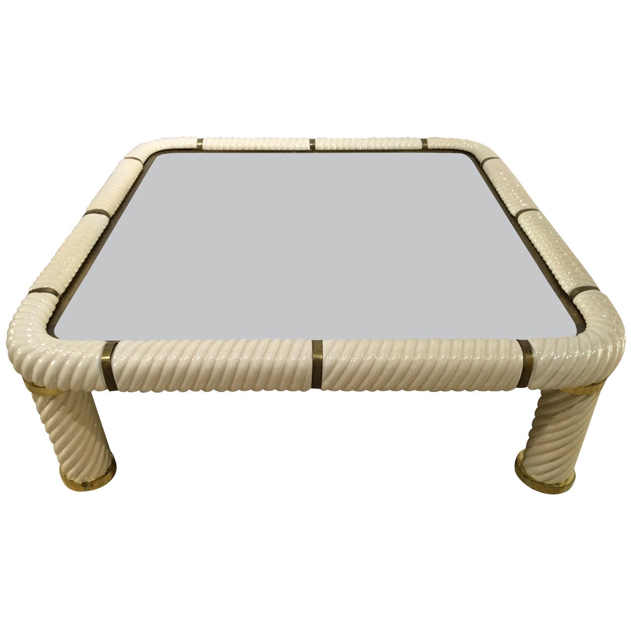 Porcelain Ceramic Mirror Brass Coffee Cocktail Table, Tommaso Barbi, Italy, 1970