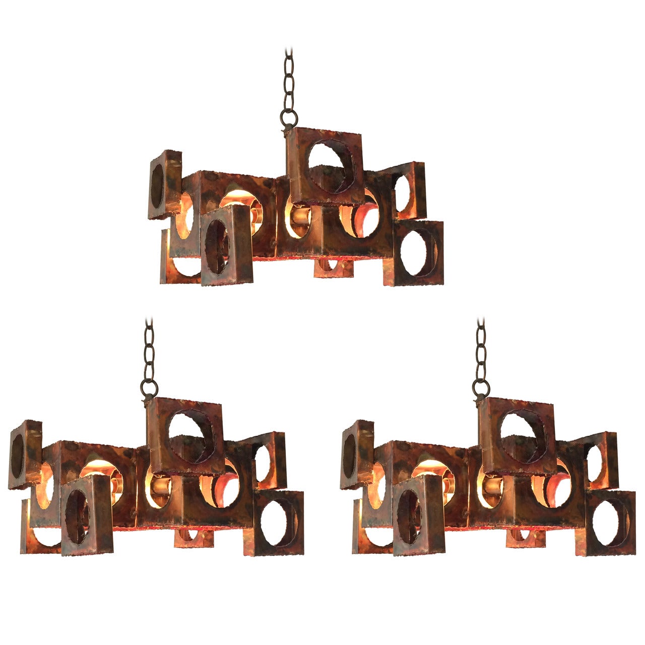 Three Tom Greene Brutalist Chandeliers for the Feldman Lighting Co.