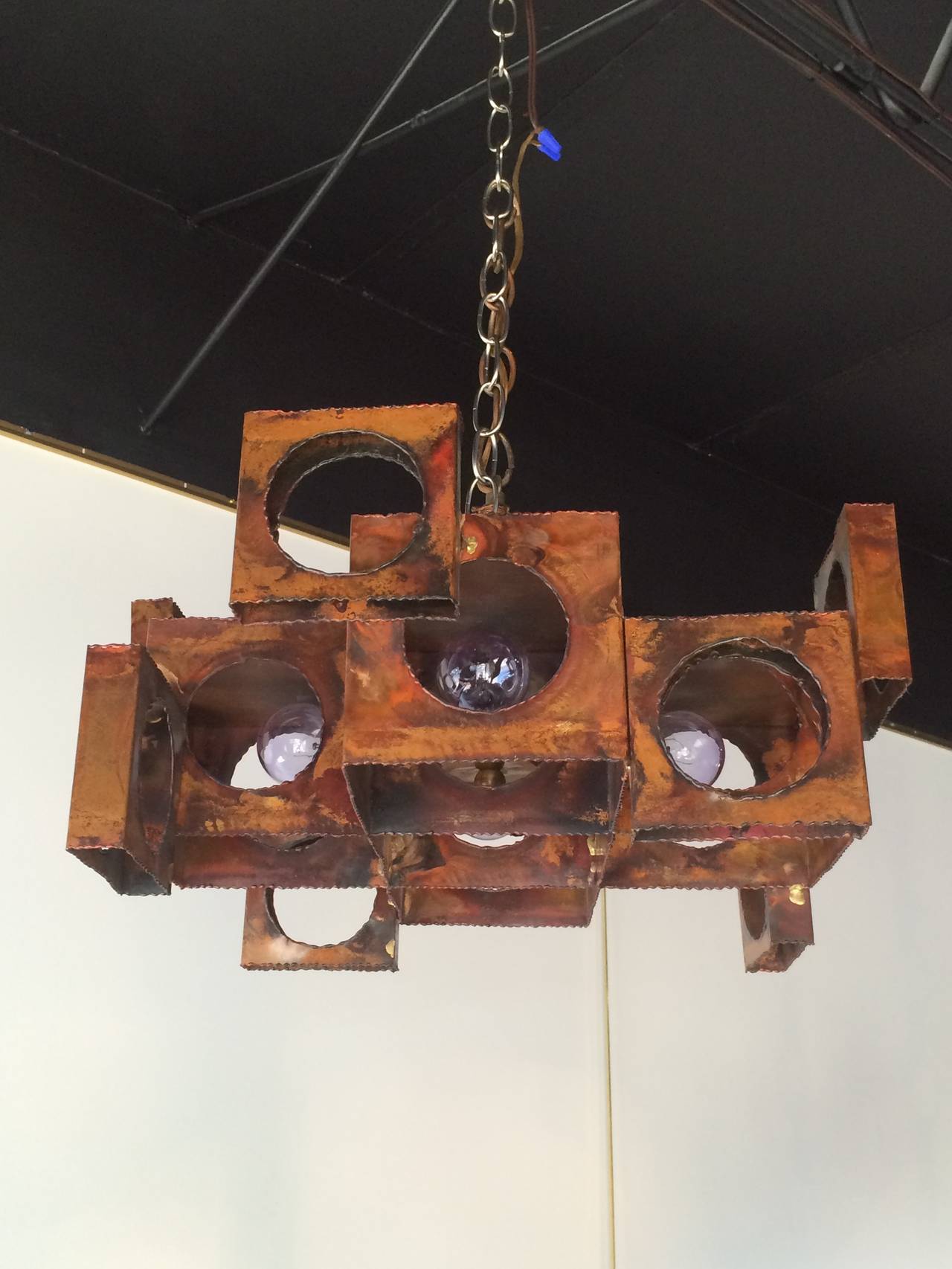 Welded Three Tom Greene Brutalist Chandeliers for the Feldman Lighting Co.