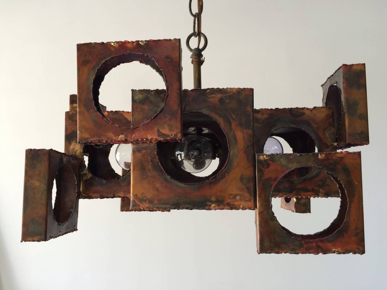 Brass Three Tom Greene Brutalist Chandeliers for the Feldman Lighting Co.