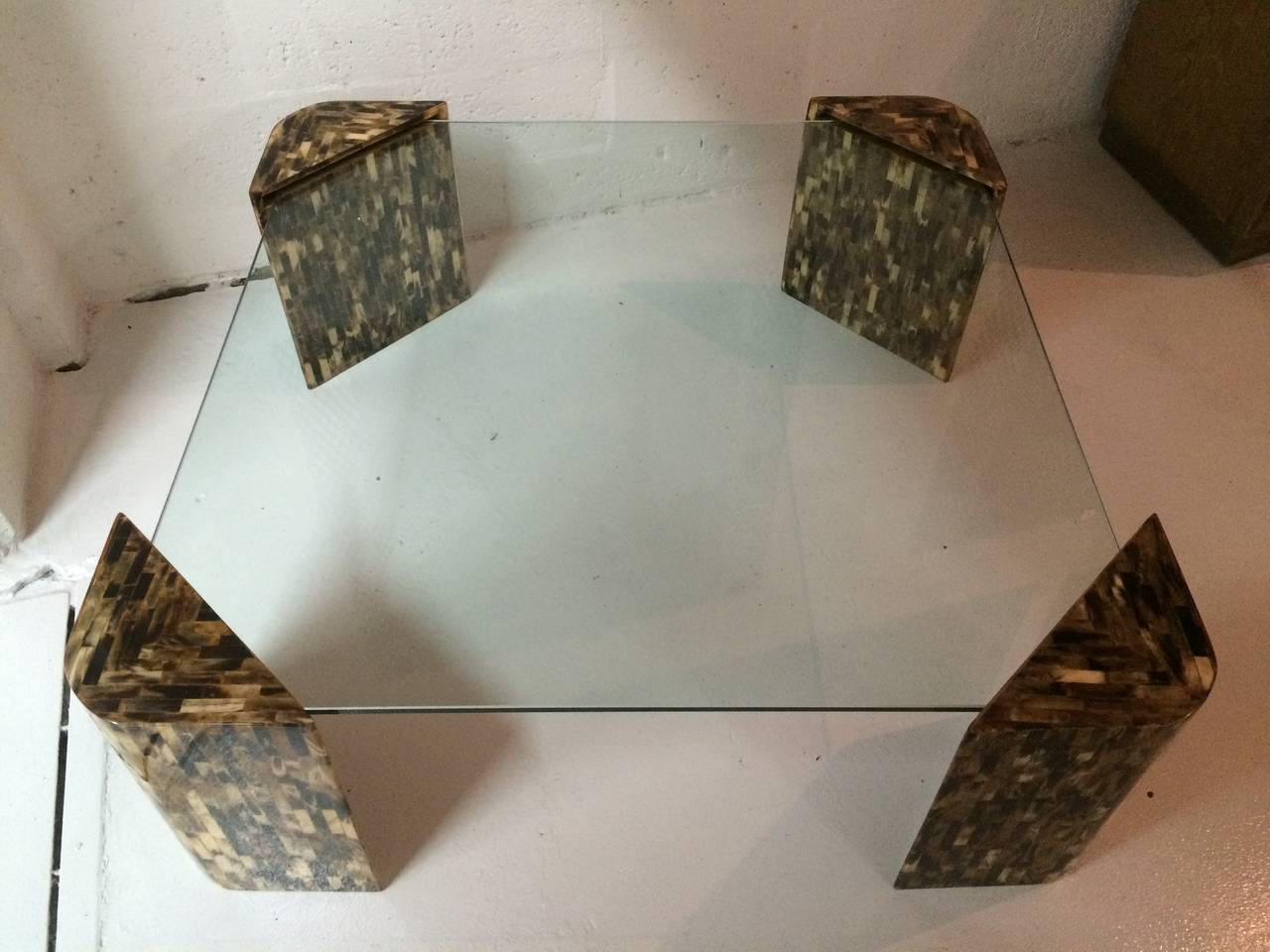 Tessellated Horn coffee, cocktail table by Enrique Garcel. Can use current glass or have custom size glass cut to make this table any size.