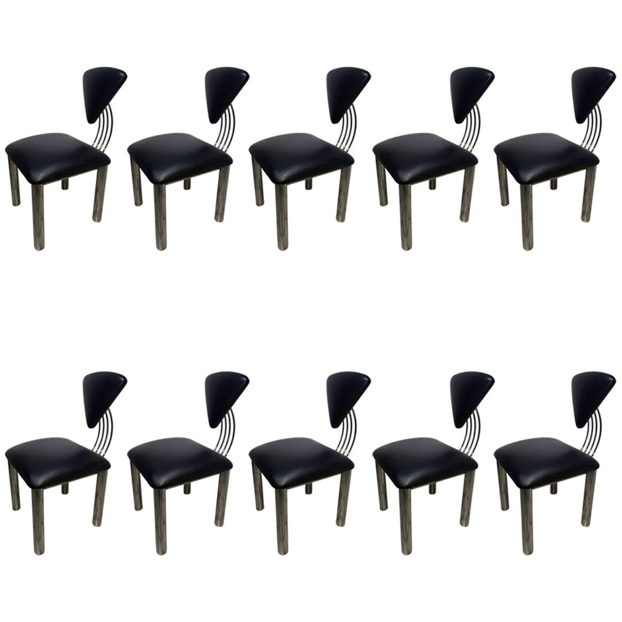 Set of Ten American Post Modern Leather and Steel Dining Chairs at ...