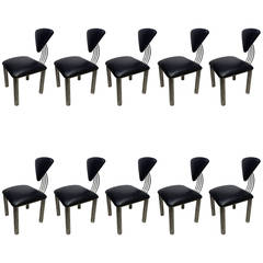 Set of Ten American Post Modern Leather and Steel Dining Chairs